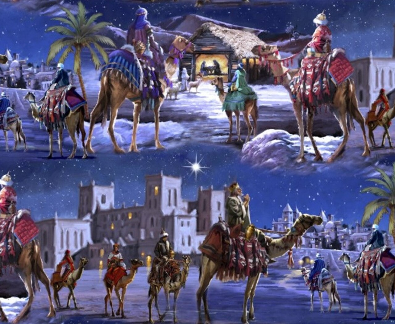 3 Wishes Fabric Christmas Let us Adore Him Nativity Stripe 100% Cotton Price per Yard
